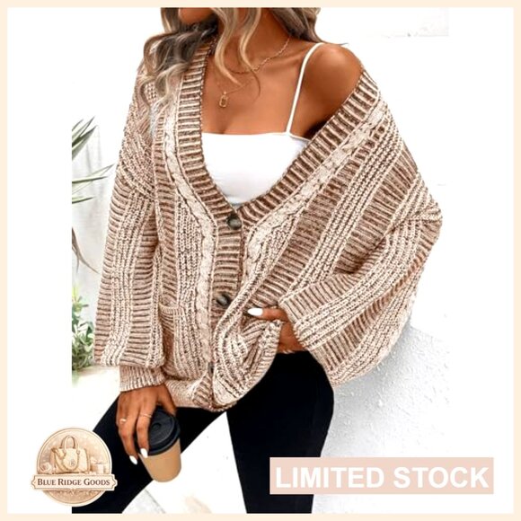 Oversized Cable Knit Cardigan Sweater with Pockets Long Sleeve - Picture 3 of 7